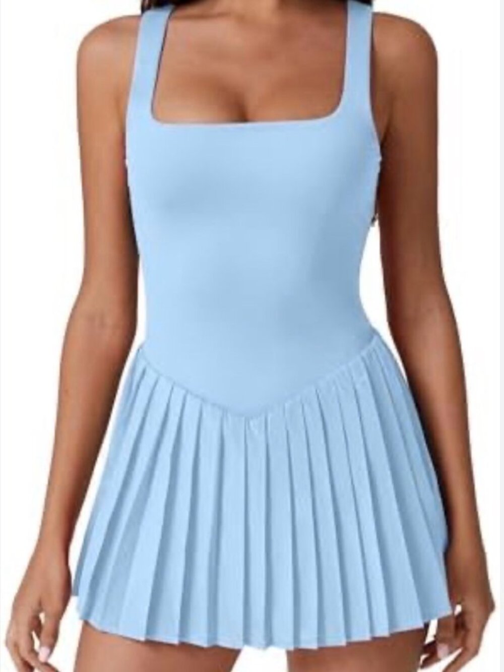 QINSEN Women's Tennis Dress Size Medium Light Blue Square Neck Pleated Built-In